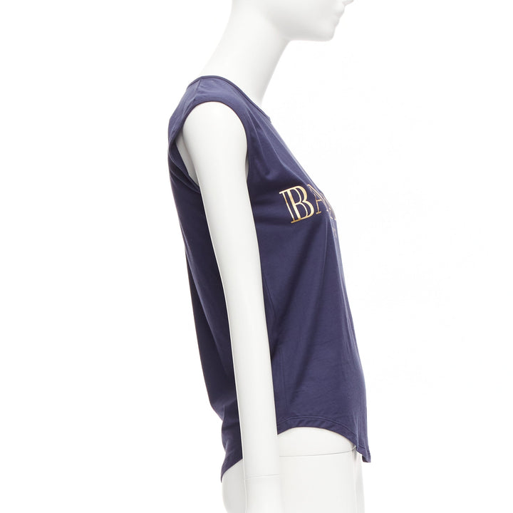 BALMAIN navy gold foil logo military button shoulder tank top FR34 XS
