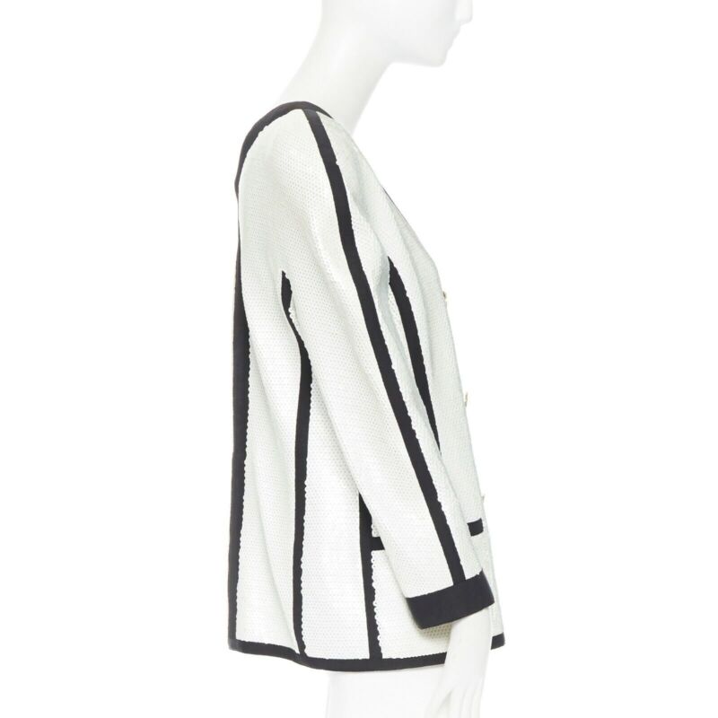 runway CHANEL SS91 white sequin black grosgrain trim scuba zipper jacket FR44