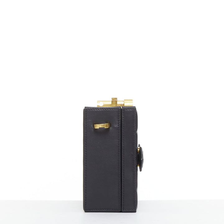 OSCAR DE LA RENTA Alibi Minaudiere black leather gold hardware box clutch