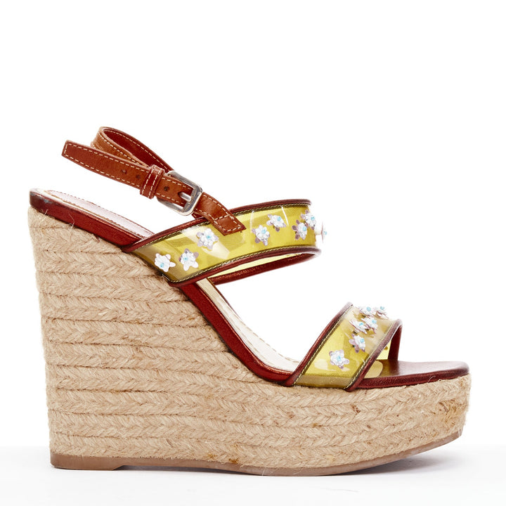 DIOR Raf Simons yellow PVC strap floral brown strap  jute wedges EU35.5