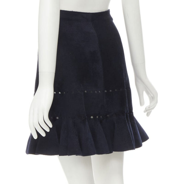 ALAIA black velour geometric cut out flared hem skirt FR38 M