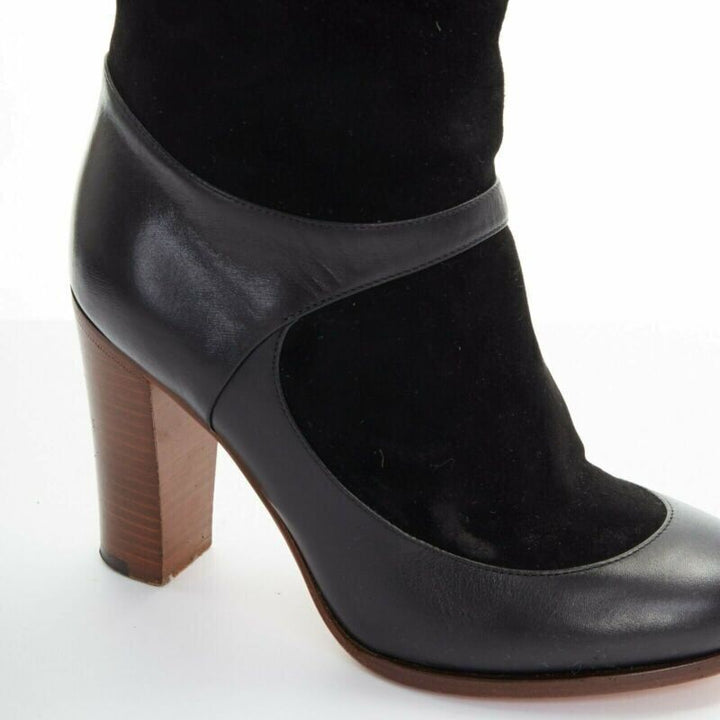 CELINE PHILO black suede sock ankle strap chunky wooden heel tall boot EU35.5