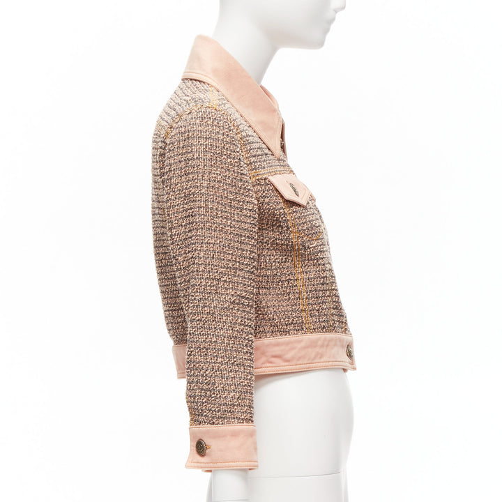 rare CHANEL 2018 Runway pink denim trim tweed CC button cropped jacket FR36 S