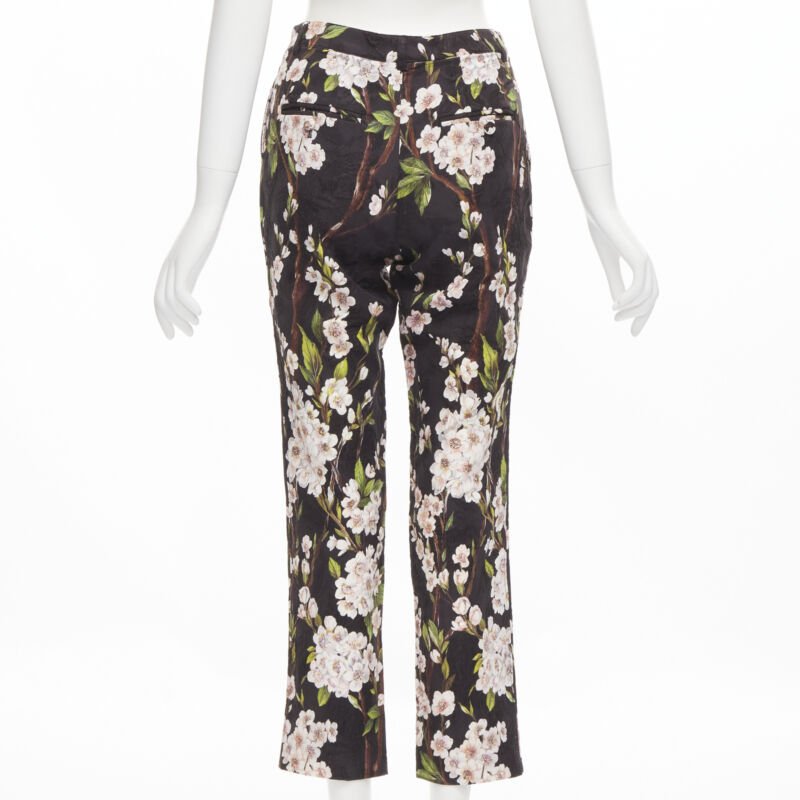 DOLCE GABBANA black pink floral blossom print jacquard cropped pants IT36 XXS
