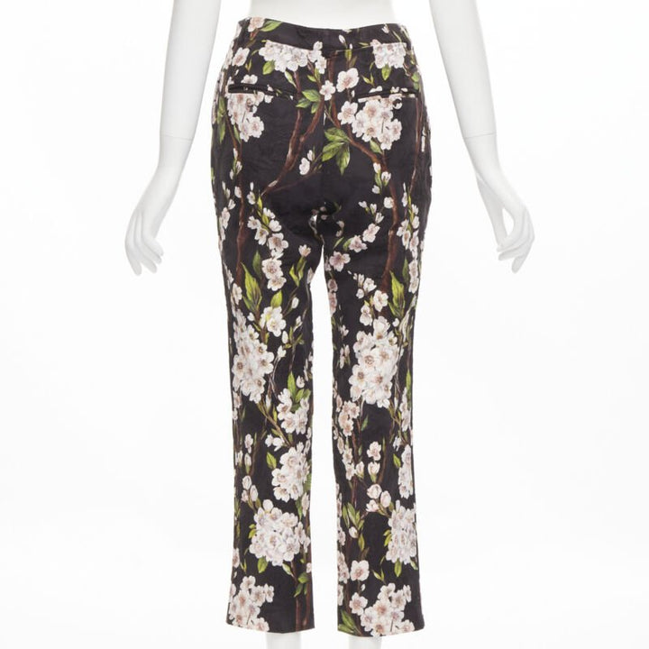 DOLCE GABBANA black pink floral blossom print jacquard cropped pants IT36 XXS
