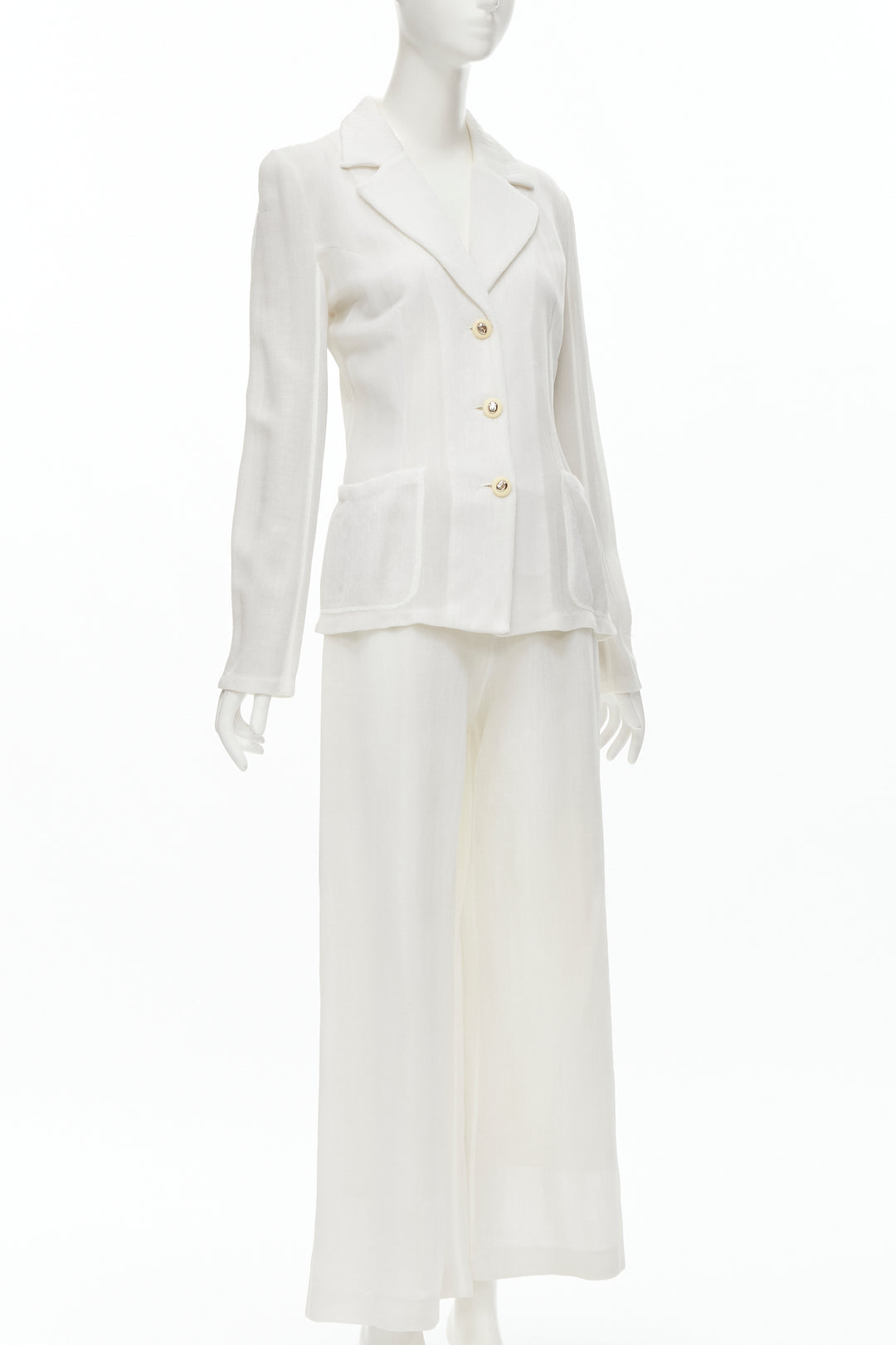 MARIOT CHANET white textured logo button fitted blazer wide leg pants IT42 M