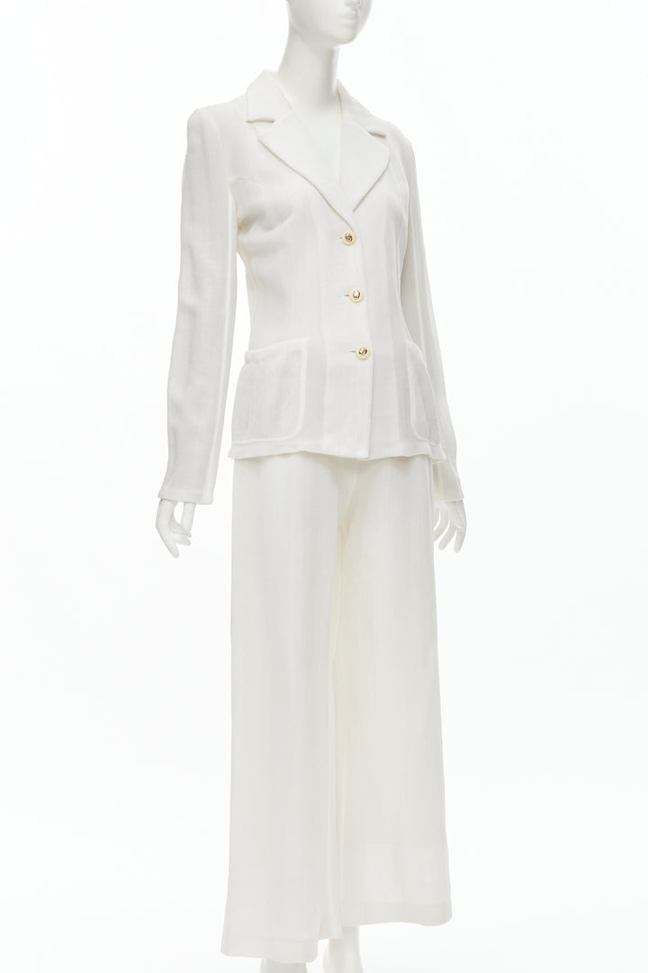 MARIOT CHANET white textured logo button fitted blazer wide leg pants IT42 M
