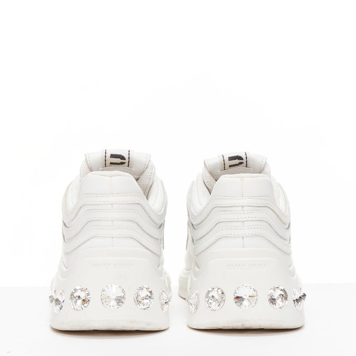 MIU MIU white leather logo tongue clear big crystal heels chunky sneakers EU38
