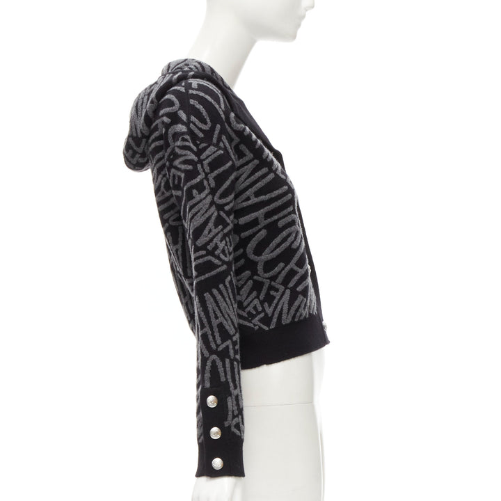 CHANEL 2021 98% cashmere black grey all over logo intarsia CC cardigan FR36 S