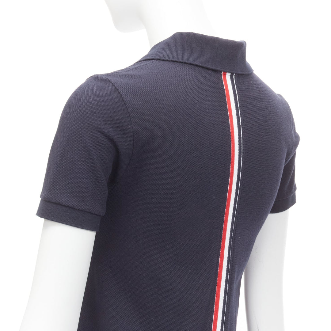 THOM BROWNE navy blue signature stripe webbing pique polo dress IT36 XXS