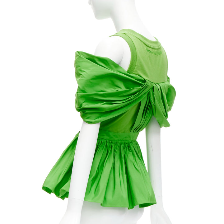 ALEXANDER MCQUEEN 2023 green cotton pleated peplum faille cold shoulder top IT38