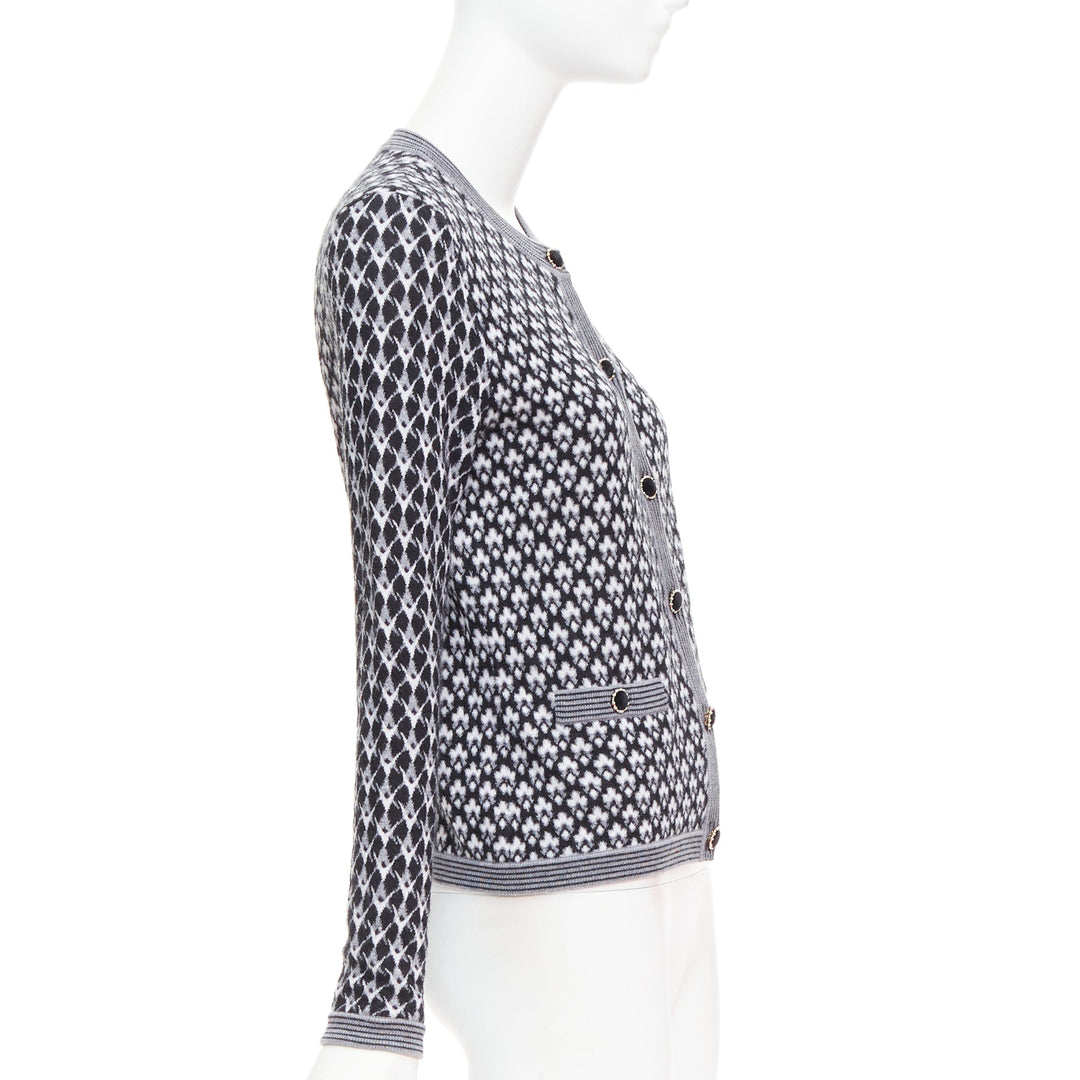 CHANEL black white cashmere velvet buttons crew cardigan FR38 M