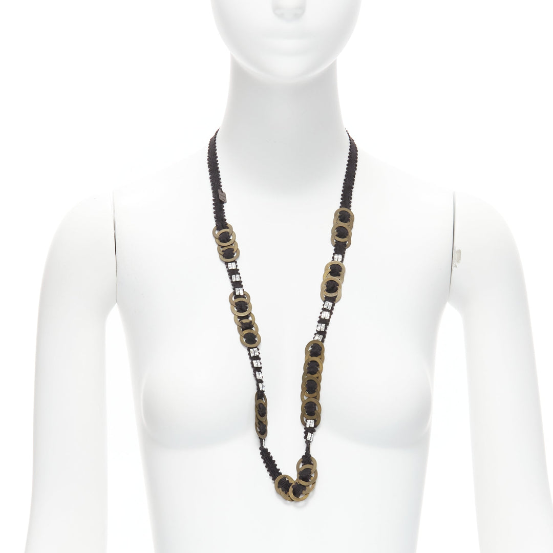 CHAMOREL black grosgrain ribbon clear crystal bronze rings long necklace