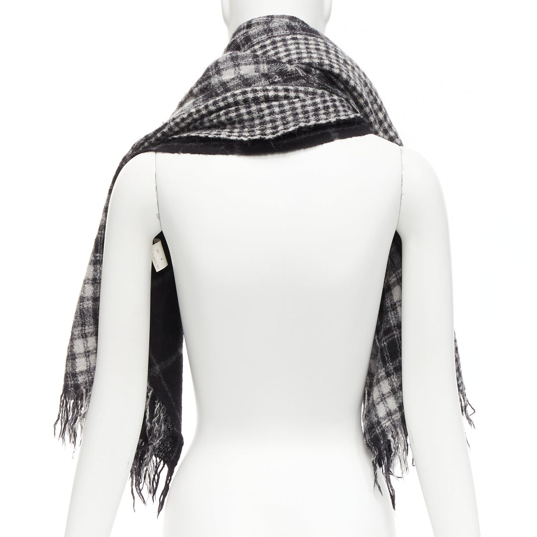 Y'S YOHJI YAMAMOTO grey 100% wool checkered black Y safety pin fringe scarf