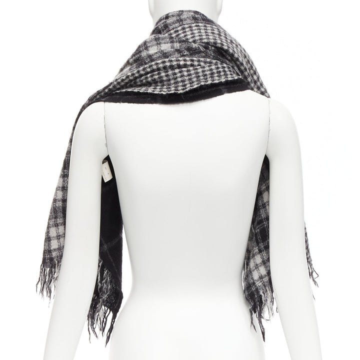 Y'S YOHJI YAMAMOTO grey 100% wool checkered black Y safety pin fringe scarf