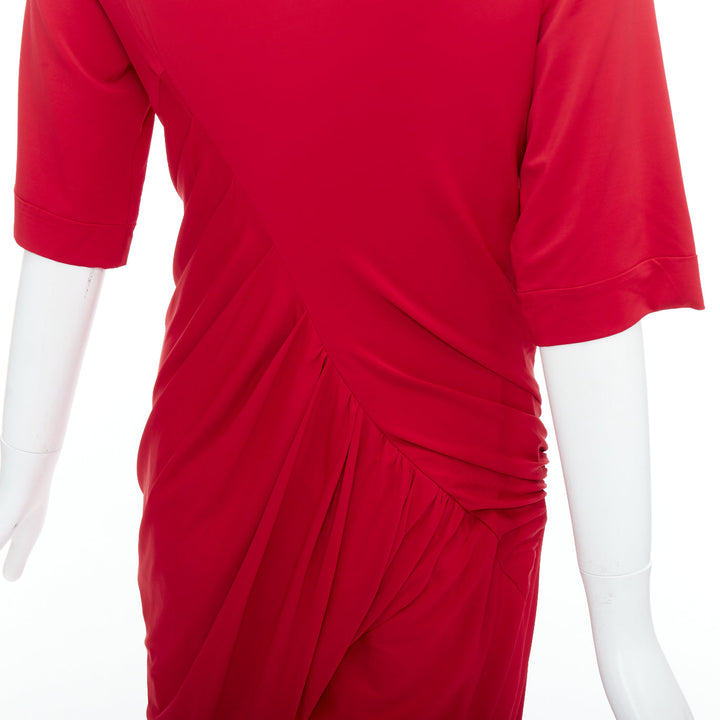 DONNA KARAN red asymmetric neck tuck draped midi dress L