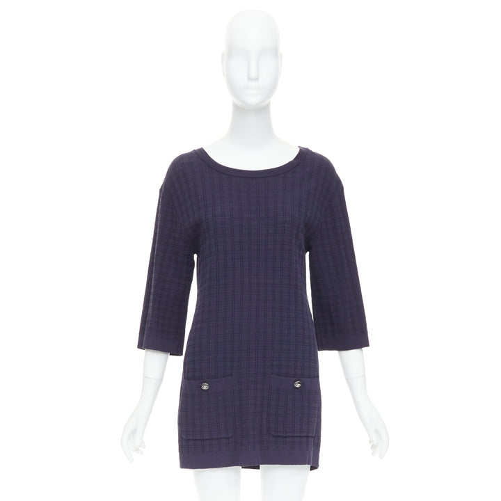 CHANEL navy cotton grid knit gold CC button 2 pocket mini dress FR36 S