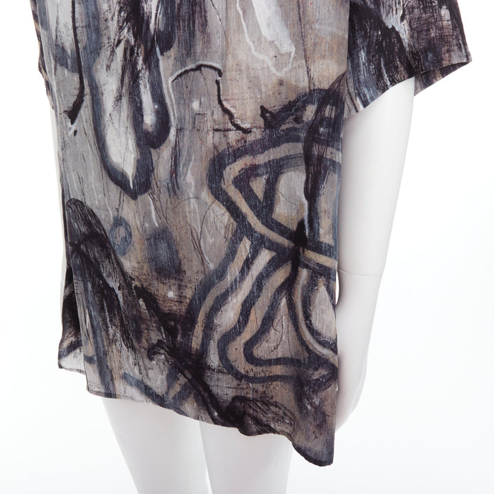 YOHJI YAMAMOTO 100% silk grey beige abstract print relaxed shirt JP2 M