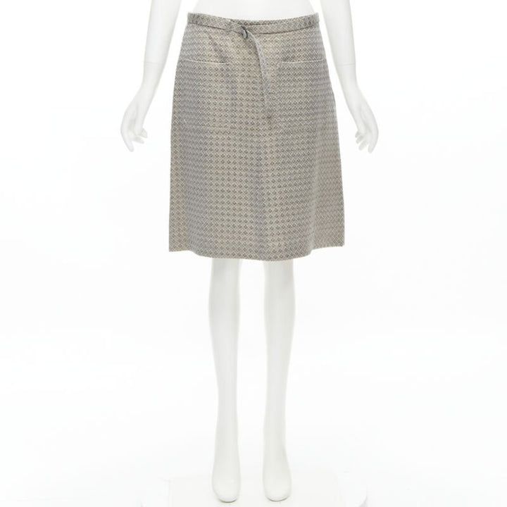 DRIES VAN NOTEN gold coated jacquard cotton belted knee lnegth skirt FR36 S