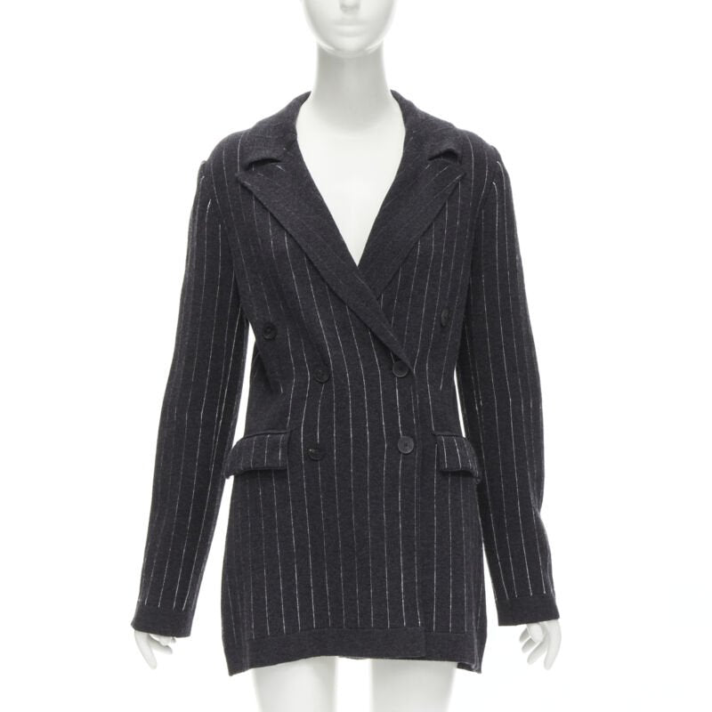 BARRIE 100% pure cashmere dark grey pinstriped double breasted blazer cardigan S