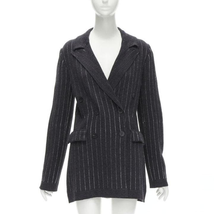 BARRIE 100% pure cashmere dark grey pinstriped double breasted blazer cardigan S