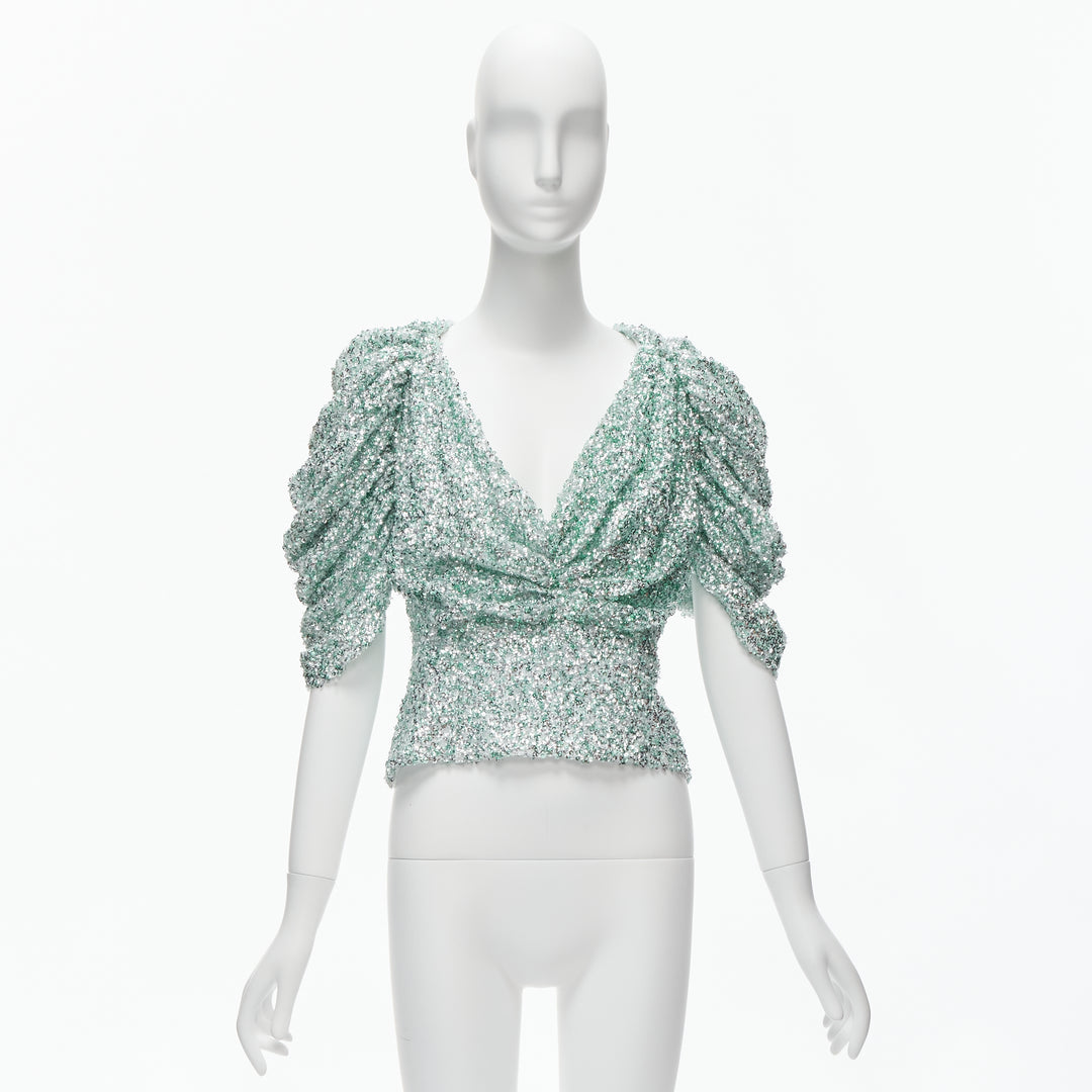 HALPERN seafoam green silver sequins deep V puff sleeves top FR36 XS