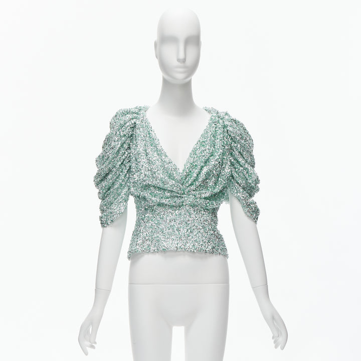 HALPERN seafoam green silver sequins deep V puff sleeves top FR36 XS