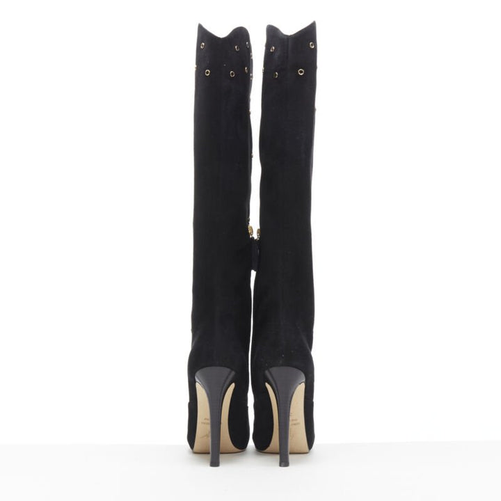 GIUSEPPE ZANOTTI black suede gold crystal eyelet high heel tall boots EU37