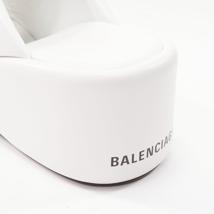 BALENCIAGA Rise white calf leather black logo padded wedged slides EU38
