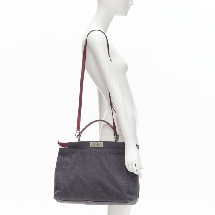rare FENDI Peekaboo grey wool burgundy textured leather shoulder satchel bag
