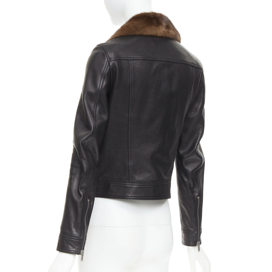 SAINT LAURENT 2018 brown mink fur black lambskin leather biker jacket FR38 M