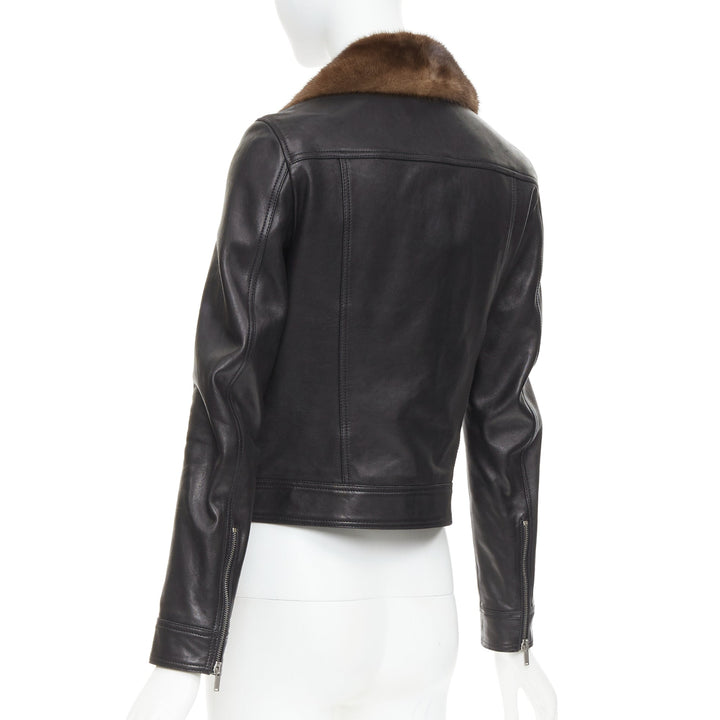 SAINT LAURENT 2018 brown mink fur black lambskin leather biker jacket FR38 M