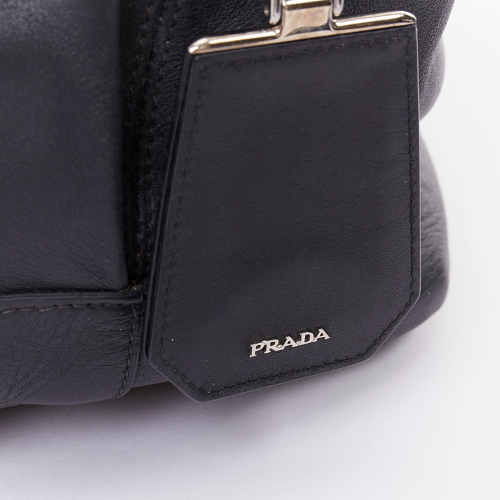 PRADA City Calf Bucket black calfskin leather triangle tassel drawstring bag