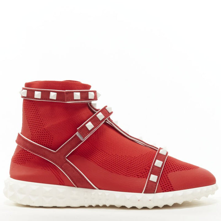 VALENTINO Free Rockstud Bodytech red sock knit white stud high top sneaker EU36