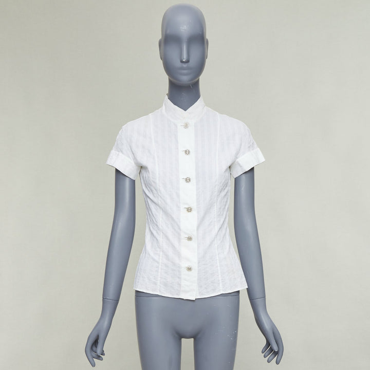 CHANEL 2016 cream cotton CC logo striped fitted shirt FR34 XS