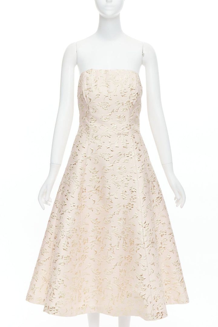 TED BAKER TUX Langley pink acetate blend gold jacquard strapless dress US2 S
