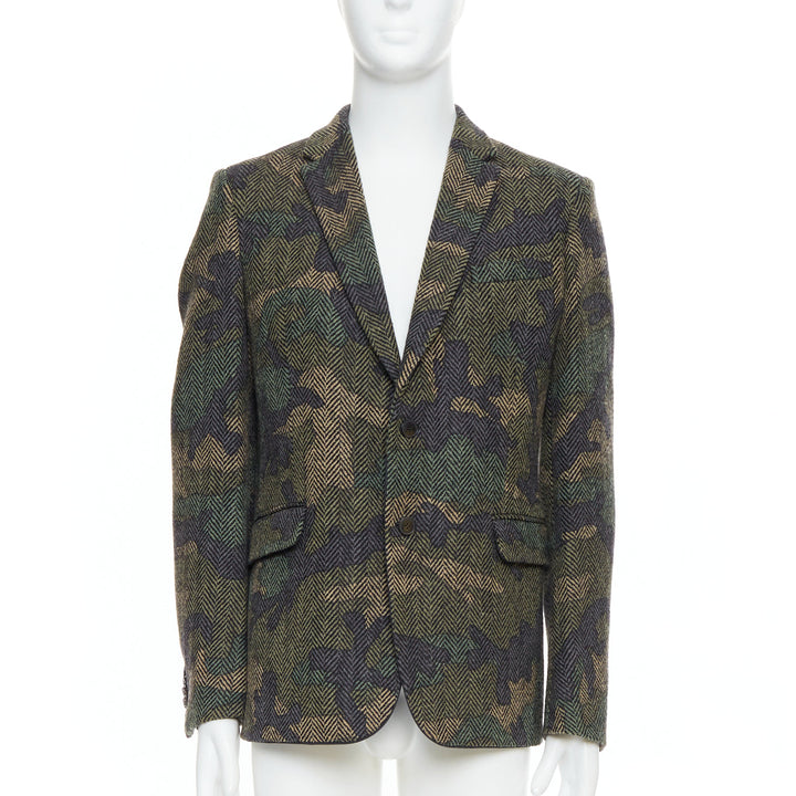 VALENTINO green camouflage print herringbone wool blazer jacket IT50 L