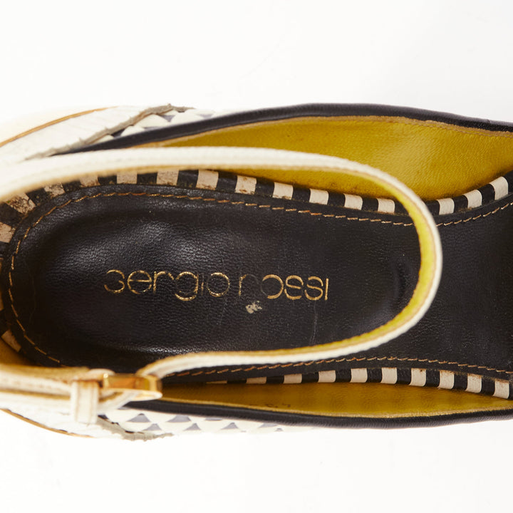 SERGIO ROSSI gold cap heel geometric yellow black wedge sandals EU36