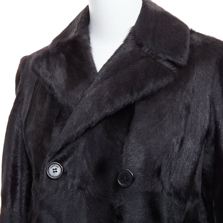 SAINT LAURENT 2017 black goat fur double breasted coat jacket FR44 2XL