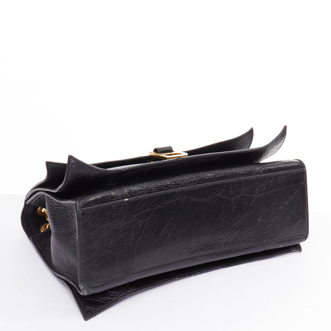 BALENCIAGA Crush Medum  black textured leather gold B chain flap shoulder bag