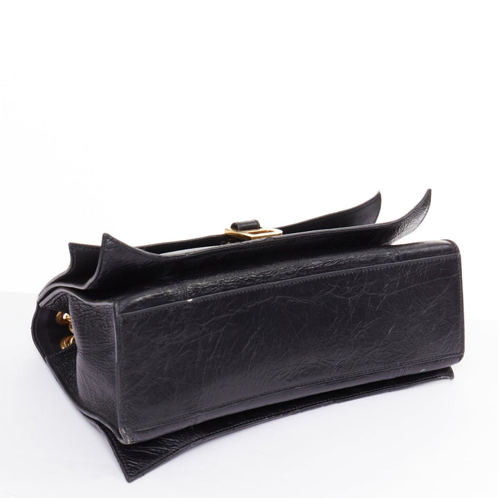 BALENCIAGA Crush Medum  black textured leather gold B chain flap shoulder bag