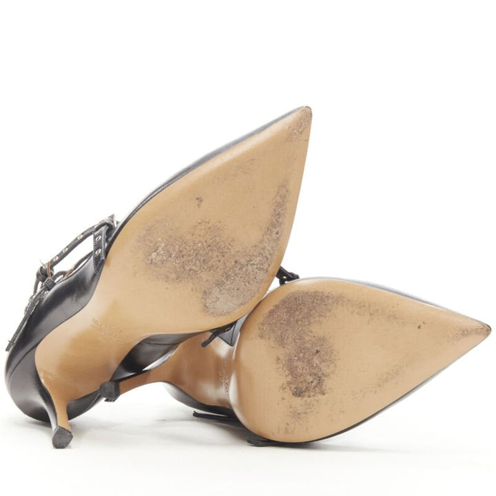 VALENTINO black beige leather silver grommet stud bondage harness pump EU38