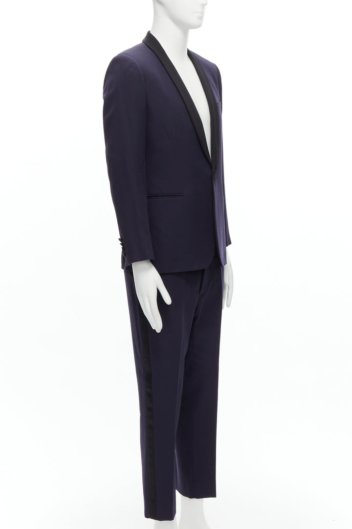SAINT LAURENT virgin wool navy classic satin shawl collar tux blazer suit EU50 L