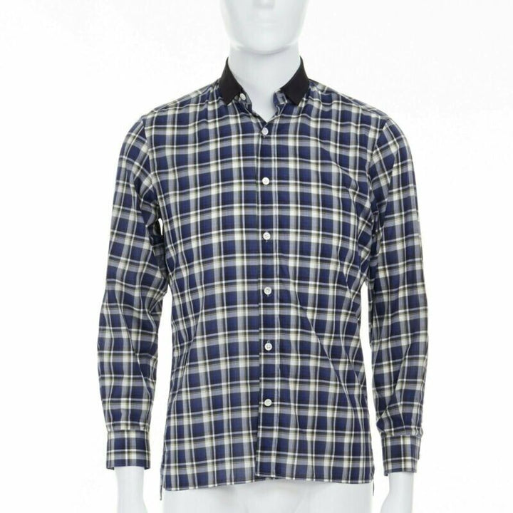 LANVIN ALBER ELBAZ blue checked cotton grosgrain ribbon collar shirt EU38 S