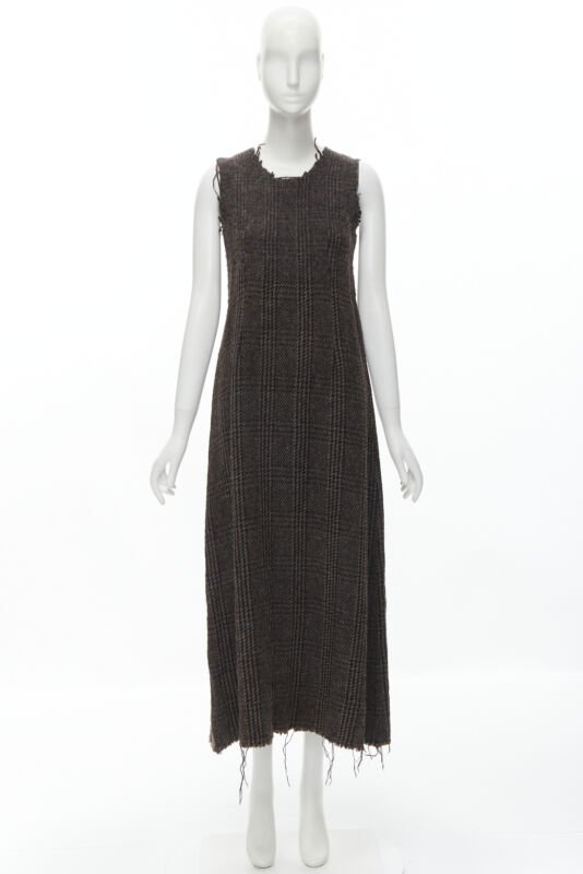 COMME DES GARCONS Vintage 1994 boiled wool tweed raw frayed edge midi dress M