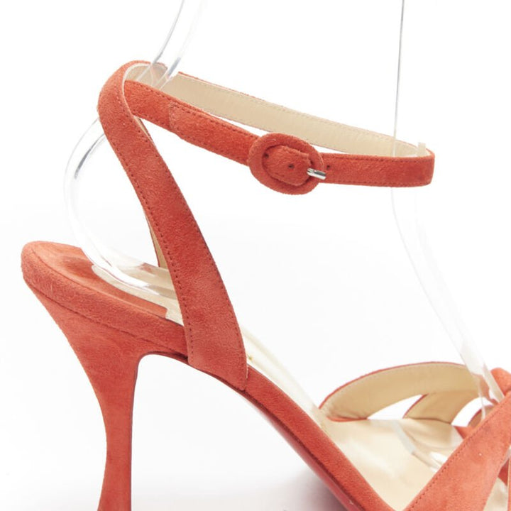 CHRISTIAN LOUBOUTIN red suede strappy ankle strap curved mid heel sandals EU37