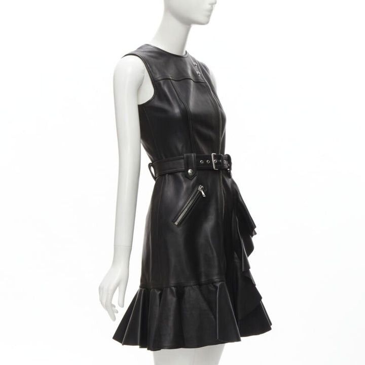 ALEXANDER MCQUEEN 2022 black leather biker belted ruffle trim dress IT38 XS