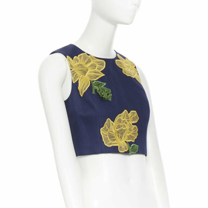 MICHAEL KORS COLLECTION wool silk navy yellow floral sleeveless cropped top US2