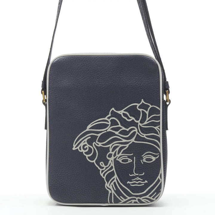 VERSACE Pop Medusa navy grey calf leather Greca crossbody messenger bag