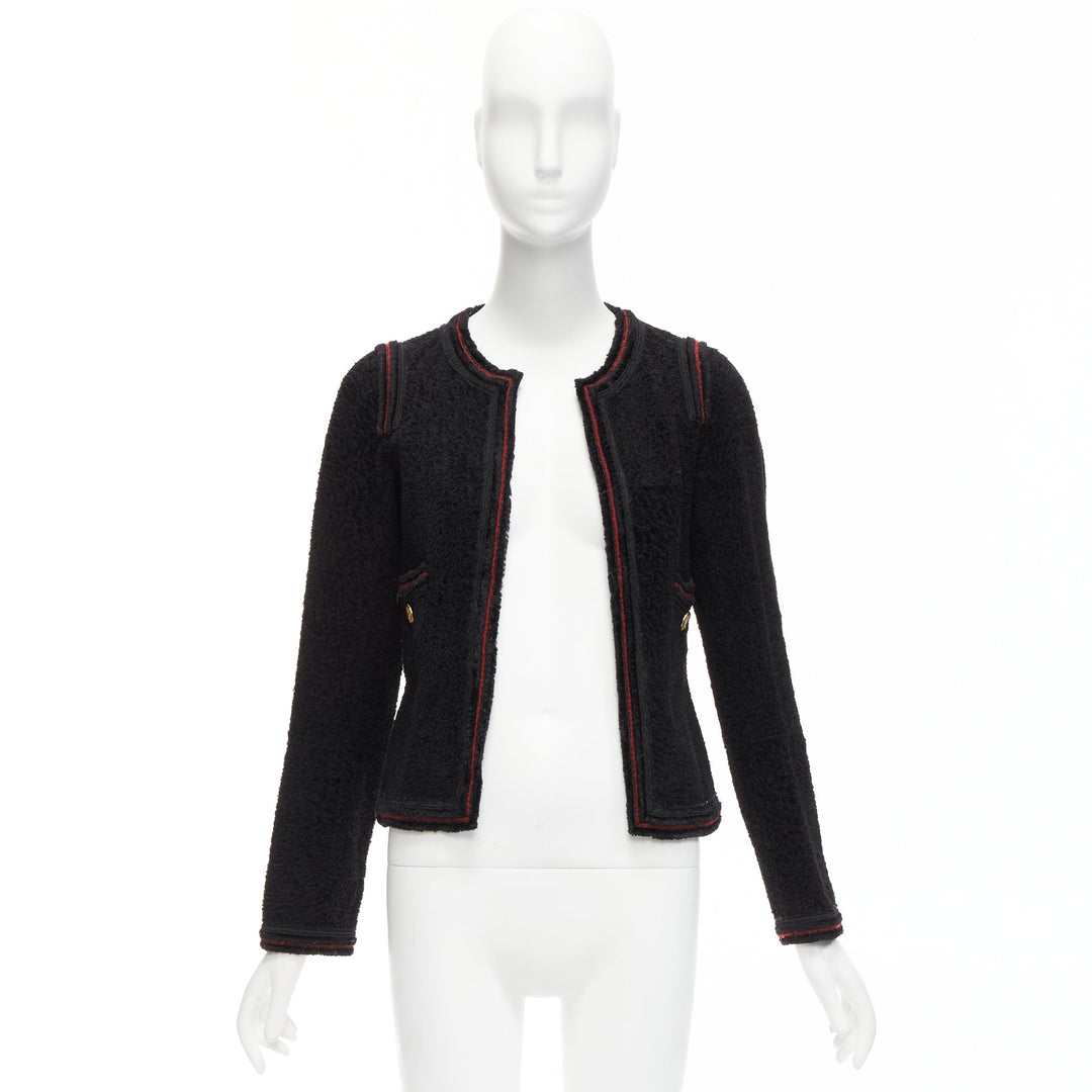 CHANEL 09A Paris Moscow black tweed leather lined CC logo jacket FR34 XS